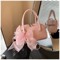 Pink glossy pillow bag detail with large lace bow and elegant white pearl pendant decor - With Charm / Pink