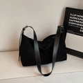 Minimalist large black faux suede shoulder bag with adjustable golden buckle - Black without Pendant