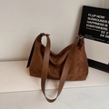 Brown large capacity suede shoulder bag with smooth leather strap and gold metal buckle - Dark Brown Without Pendant