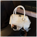 White glossy Boston shoulder bag with mesh pearl bow and adjustable strap - With Charm / White