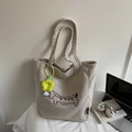 Bolso tote de pana beige con bordado de perro salchicha y colgante de girasol - Estilo Con Colgante / Blanco