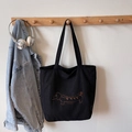 Bolso tote de pana negra con bordado de perro salchicha y asa de hombro - Sin colgante / Negro