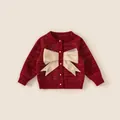 Cardigan in maglia rossa per bambine con grande fiocco color oro champagne e perle - 80 / Cardigan in Maglia con Fiocco Grande Rosso (Rosso DY24098)