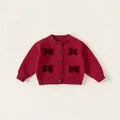 Cardigan in maglia rossa da bambina con fiocchi di velluto e bottoni vintage verdi - 80 / Cardigan in Maglia con Più Fiocchi Rosso (Rosso QY25055)