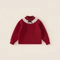 Cardigan rosso per bambina con colletto in pizzo a pieghe bianco e fiocco di velluto - 80 / Cardigan in Maglia con Colletto in Pizzo e Fiocco Rosso (Rosso DY25034)