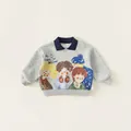 Grey long sleeve kids sweatshirt with blue polo collar and colorful cartoon graphic print - Tops / Mixed Grey / 80