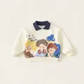 Kids cream sweatshirt with navy polo collar and colorful cartoon graphic print - 80 / Tops / Off White