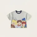 Kids grey cotton T-shirt with vintage cartoon illustration and navy blue ribbed crew neck - Tops / Mixed Grey / 80