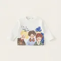 White long-sleeve cotton T-shirt for girls featuring a cute cartoon character print - Tops / White / 80