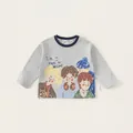 Light gray cotton long sleeve shirt with colorful cartoon illustrations for boys - 80 / Tops / Gray