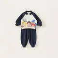 Kids navy and cream polo sweatshirt set with cartoon print and ribbed cuffs - Set / Navy Blue / 80