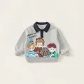 Kids grey long sleeve polo sweatshirt with cartoon illustration and navy blue collar - 80 / Top (Upgraded Version) / Mixed Grey