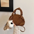 Brown suede bowling bag with gold studs and a cute white puppy plush keychain - Coffee with Pendant