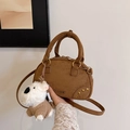 Brown faux suede bowling bag with gold hardware and a cute white puppy plush charm - Brown with Pendant