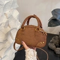 Brown vintage suede bowling bag with golden hardware and adjustable strap - Coffee without Pendant