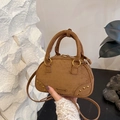 Brown vintage suede bowling bag with gold hardware and adjustable crossbody strap - Brown No Pendant