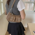 Retro khaki brown underarm shoulder bag with double utility pockets and silver buckles - Brown