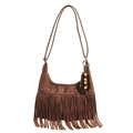 Brown faux suede fringe crossbody dumpling bag with silver star studs and wooden bead charms - No Pendant / Brown