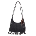 Black suede fringed crossbody bag with silver star studs and bohemian bead charms - No Pendant / Black