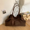 Brown faux suede oversized tote bag with long shoulder straps for casual autumn wear - Brown