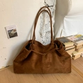 Brown suede large capacity tote bag with dual shoulder straps and metallic buckle detail - Brown