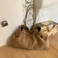 Brown large suede tote bag with minimalist shoulder straps on wooden floor - Khaki