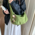 Grass green suede crossbody hobo bag with unique colorful wooden bead charm detail - Apple Green With Pendant