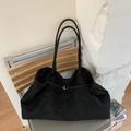 Chic black faux suede large tote bag with elegant golden buckle and long shoulder straps - Black
