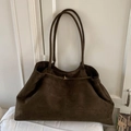 Large brown suede tote bag with golden metal buckle and minimalist vertical stitching - Olive Green