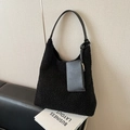 Fuzzy black fleece hobo tote bag with matching leather small pouch on shoulder strap - Black