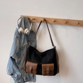 Black canvas tote bag with brown leather straps and front pockets in a retro style - Black without Pendant
