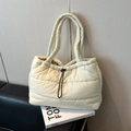 Beige quilted down tote bag with drawstring closure and large capacity shoulder strap - White Without Pendant