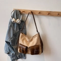Retro beige canvas tote bag with brown leather front pockets and long shoulder strap - Rice White (No Pendant)