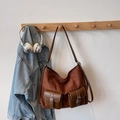 Dark brown suede hobo shoulder bag with dual front flap pockets and metal buckles - Brown No Pendant