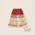 Girl's red neo-Chinese pleated skirt with warm white fleece lining and golden patterns - 160 / Red Printed (DQ94026)