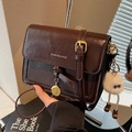 Retro dark brown square shoulder bag with lychee texture and white plush charm - Coffee with Pendant