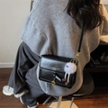 Retro black leather small square crossbody bag with metallic logo and cute white plush charm - Black with Pendant