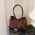Grande borsa tote retrò in finta pelle scamosciata marrone scuro con cinturini in pelle - Marrone