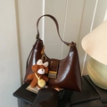 Deep brown oil wax leather hobo bag with a cute plush bear pendant and metal hardware - With Charm / Coffee with Pendant