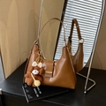 Retro brown semi-circle hobo bag in glossy PU leather with a cute plush bear charm - With Charm / Brown with Pendant