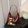 Retro deep red crescent underarm bag with gold buckle and brown teddy bear charm - With Charm / Wine Red With Pendant