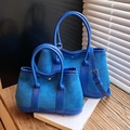 Klein blue suede tote bag set in medium and mini sizes with leather handles - L Blue