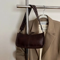 Dark brown leather baguette bag with silver rivet wide shoulder strap and minimal design - Brown