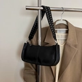 Black PU leather shoulder bag with punk silver studded wide strap and metal zipper detail - Black