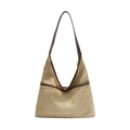 Minimalistische Stroh-Tragetasche mit braunen Ledergriffen und großem Sommer-Design - Khaki
