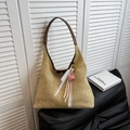Sac seau français en paille tissée avec anses en cuir marron et breloque cœur - Khaki Avec Pendentif