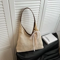 Sac cabas en paille de style français avec lanières en cuir marron et nœud en dentelle - Beige Avec Pendentif