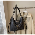 Detail of vintage black leather tote bag with gold metal buckle and textured finish - Black without Pendant