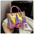 Holographic laser PVC tote bag with pink leather handles and gold metal hardware finish - Pink