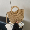 Handmade woven straw handbag with circular handles and drawstring lining for beach use - Khaki